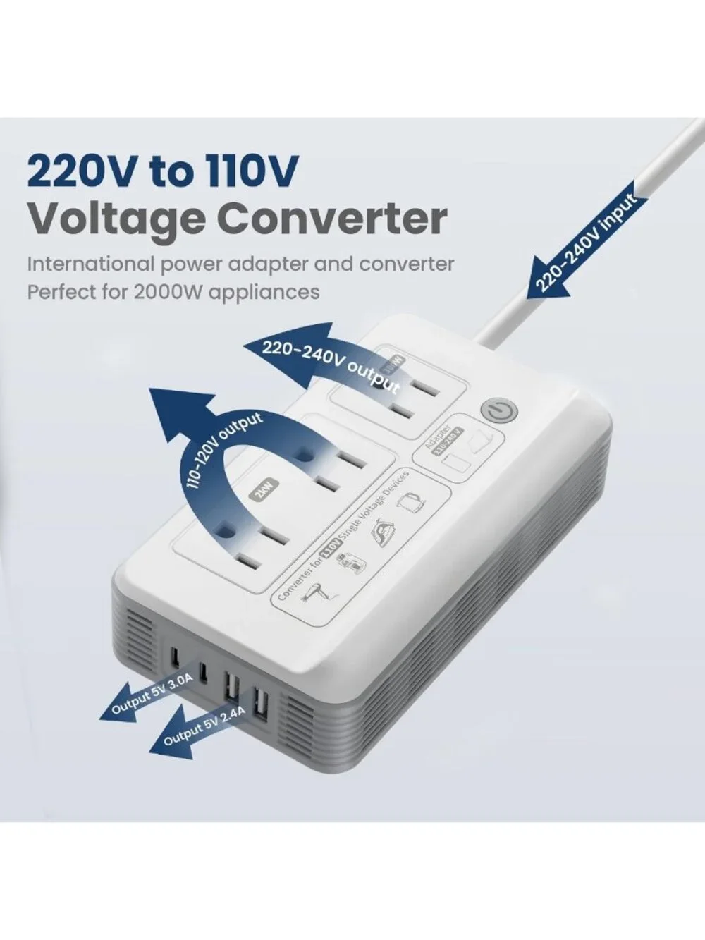 2000W Universal Voltage Converter for US to Europe - 7-in-1 Travel Adapter